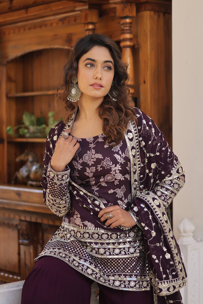 Wine Faux Blooming Sequins & Zari Embroidered Readymade Gharara Suit Set ClothsVilla