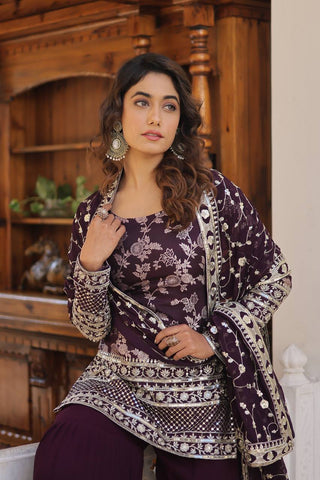 Wine Faux Blooming Sequins & Zari Embroidered Readymade Gharara Suit Set ClothsVilla