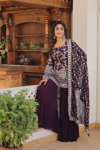 Wine Faux Blooming Sequins & Zari Embroidered Readymade Gharara Suit Set ClothsVilla