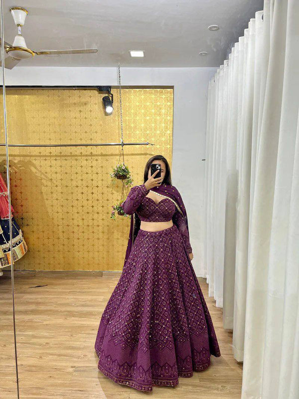 Wine Faux Georgette Semi-Stitched Lehenga Set with Thread & Sequin Work ClothsVilla