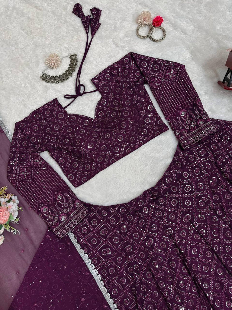 Wine Faux Georgette Semi-Stitched Lehenga Set with Thread & Sequin Work ClothsVilla
