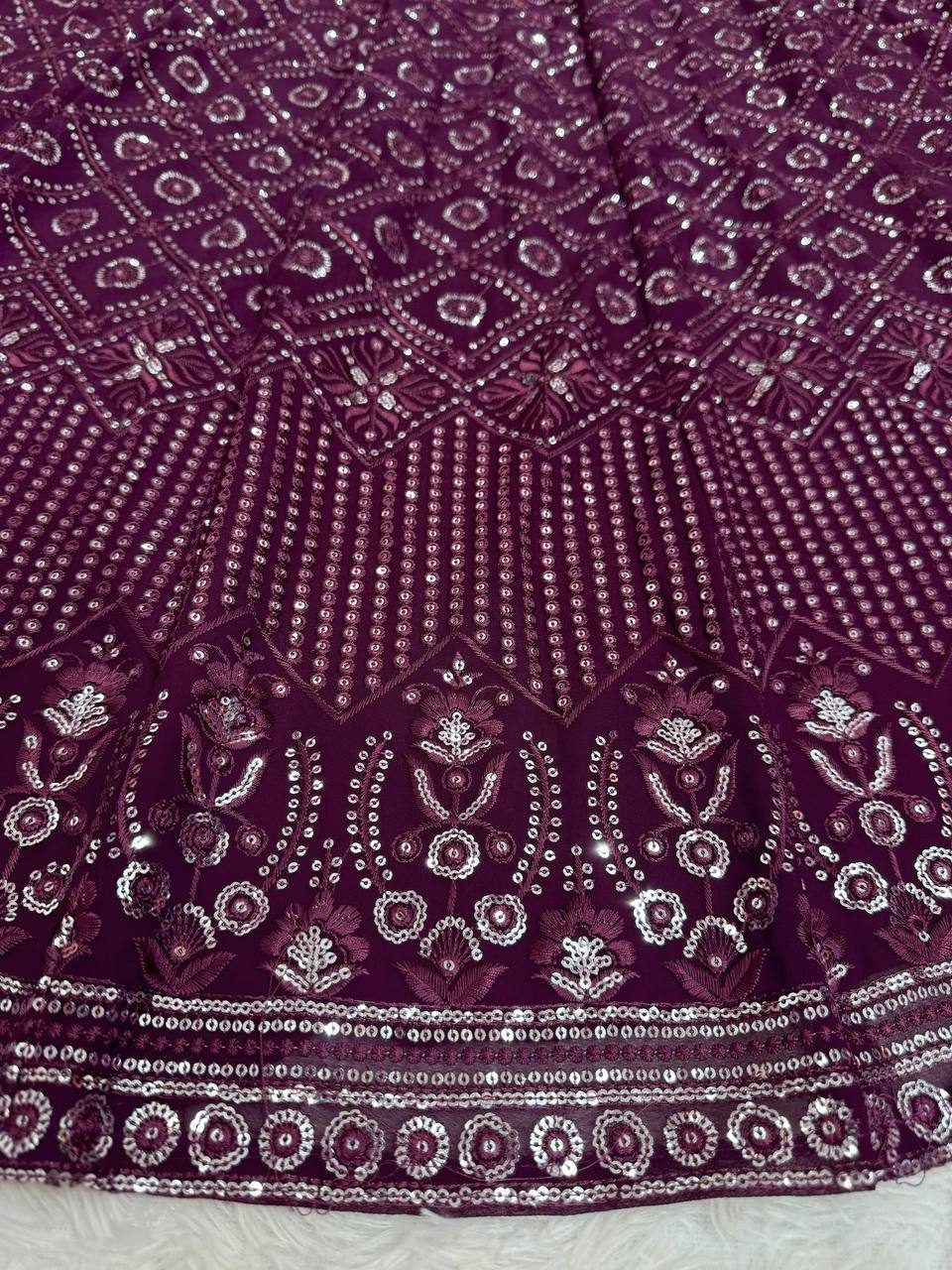 Wine Faux Georgette Semi-Stitched Lehenga Set with Thread & Sequin Work ClothsVilla