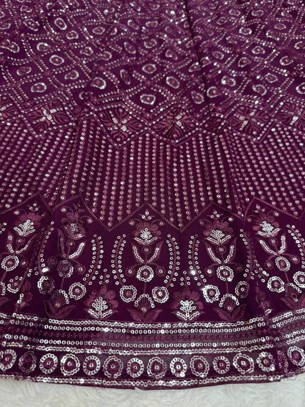 Wine Faux Georgette Semi-Stitched Lehenga Set with Thread & Sequin Work ClothsVilla