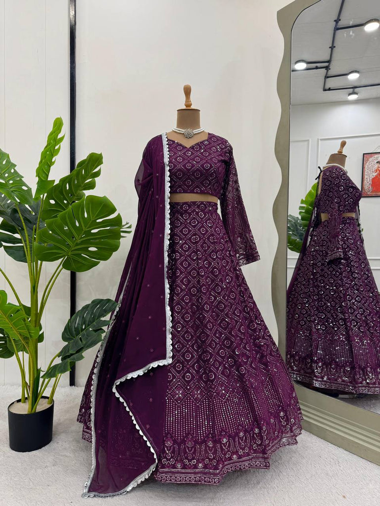 Wine Faux Georgette Semi-Stitched Lehenga Set with Thread & Sequin Work ClothsVilla