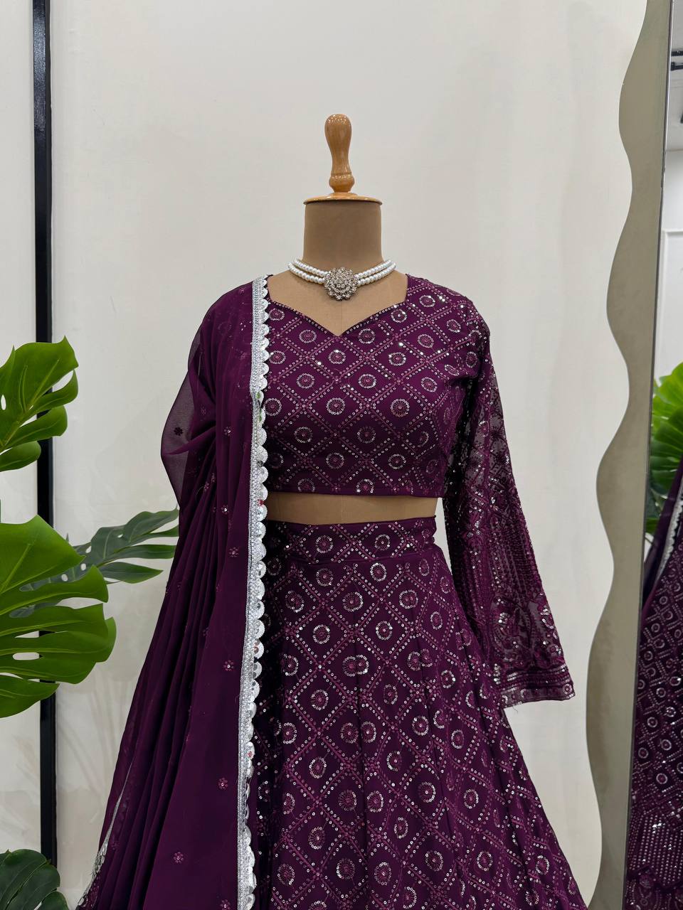 Wine Faux Georgette Semi-Stitched Lehenga Set with Thread & Sequin Work ClothsVilla