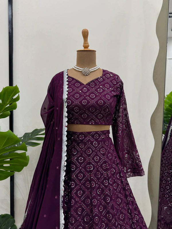 Wine Faux Georgette Semi-Stitched Lehenga Set with Thread & Sequin Work ClothsVilla