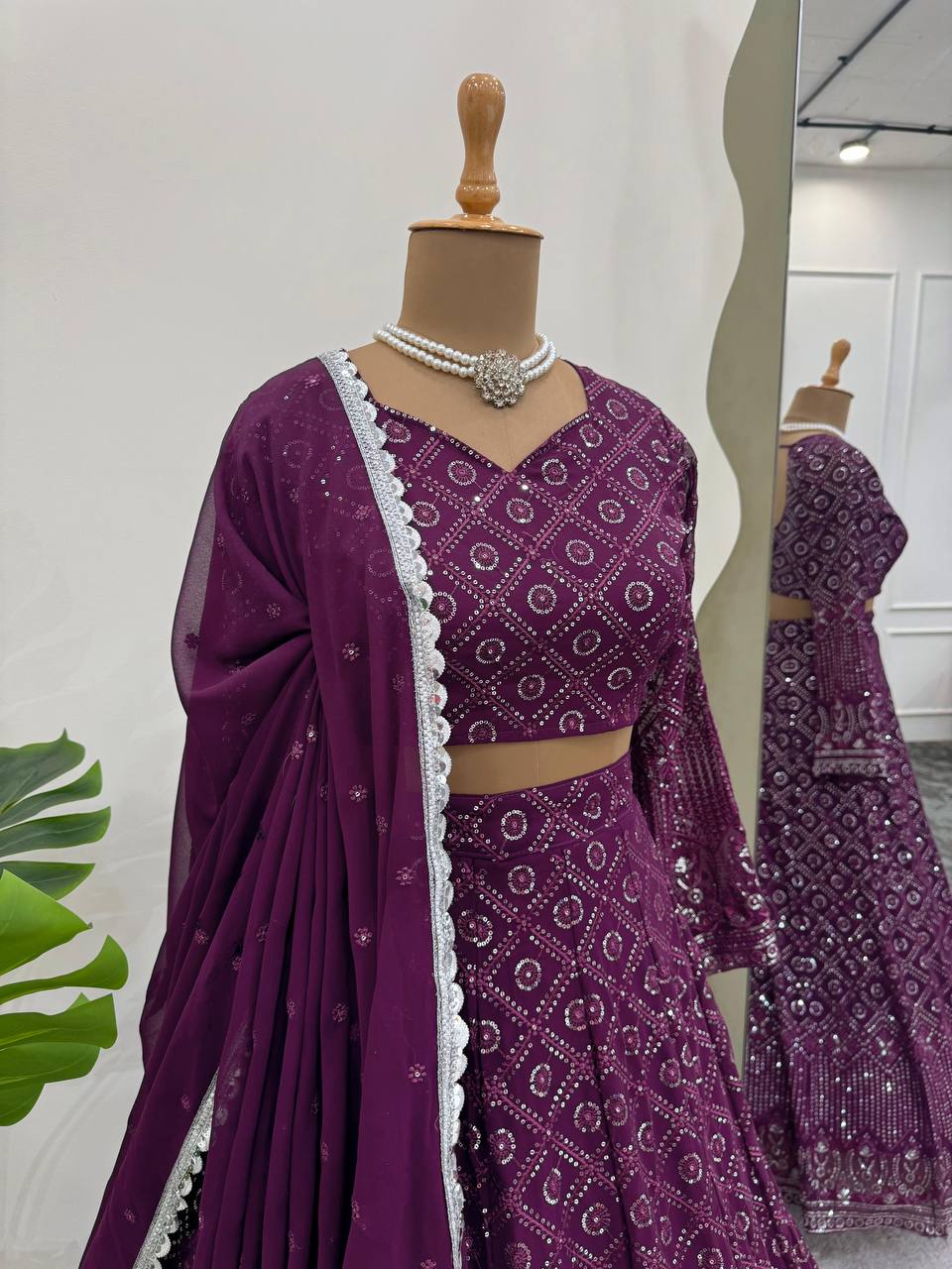 Wine Faux Georgette Semi-Stitched Lehenga Set with Thread & Sequin Work ClothsVilla