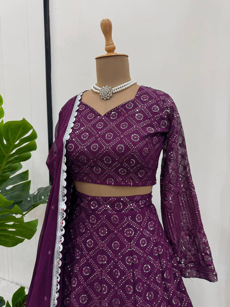 Wine Faux Georgette Semi-Stitched Lehenga Set with Thread & Sequin Work ClothsVilla