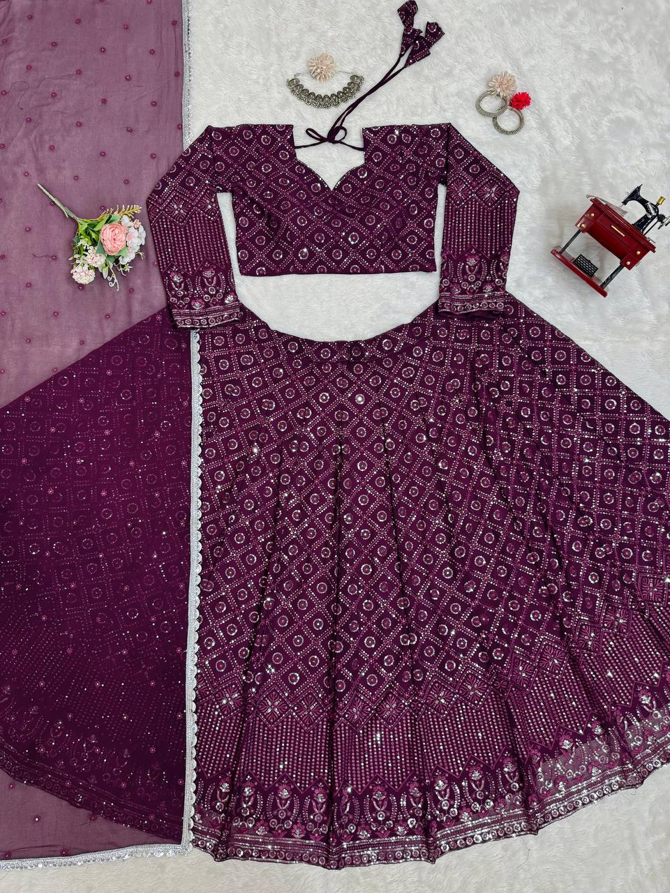 Wine Faux Georgette Semi-Stitched Lehenga Set with Thread & Sequin Work ClothsVilla