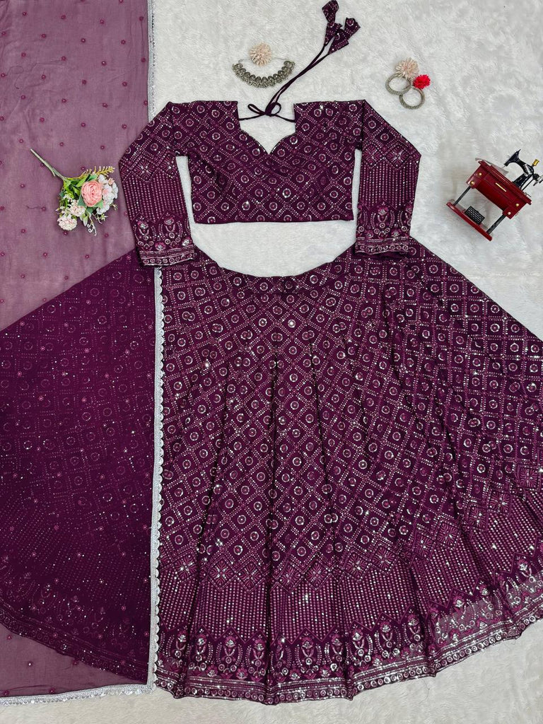 Wine Faux Georgette Semi-Stitched Lehenga Set with Thread & Sequin Work ClothsVilla