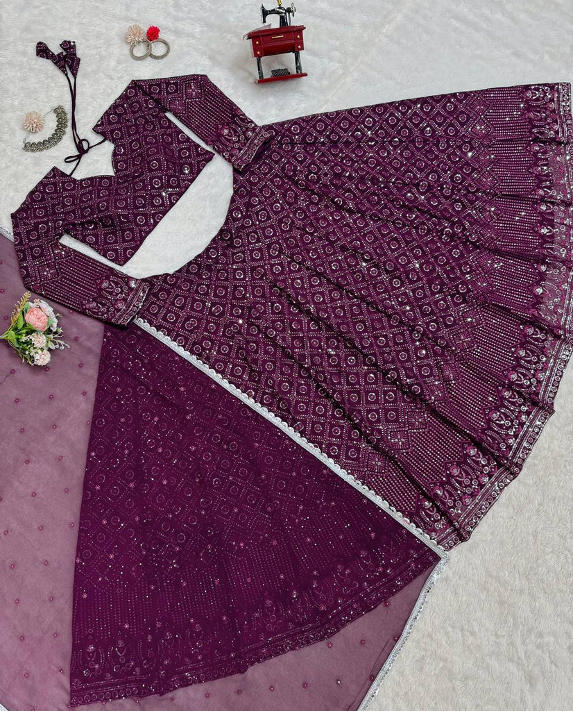 Wine Faux Georgette Semi-Stitched Lehenga Set with Thread & Sequin Work ClothsVilla