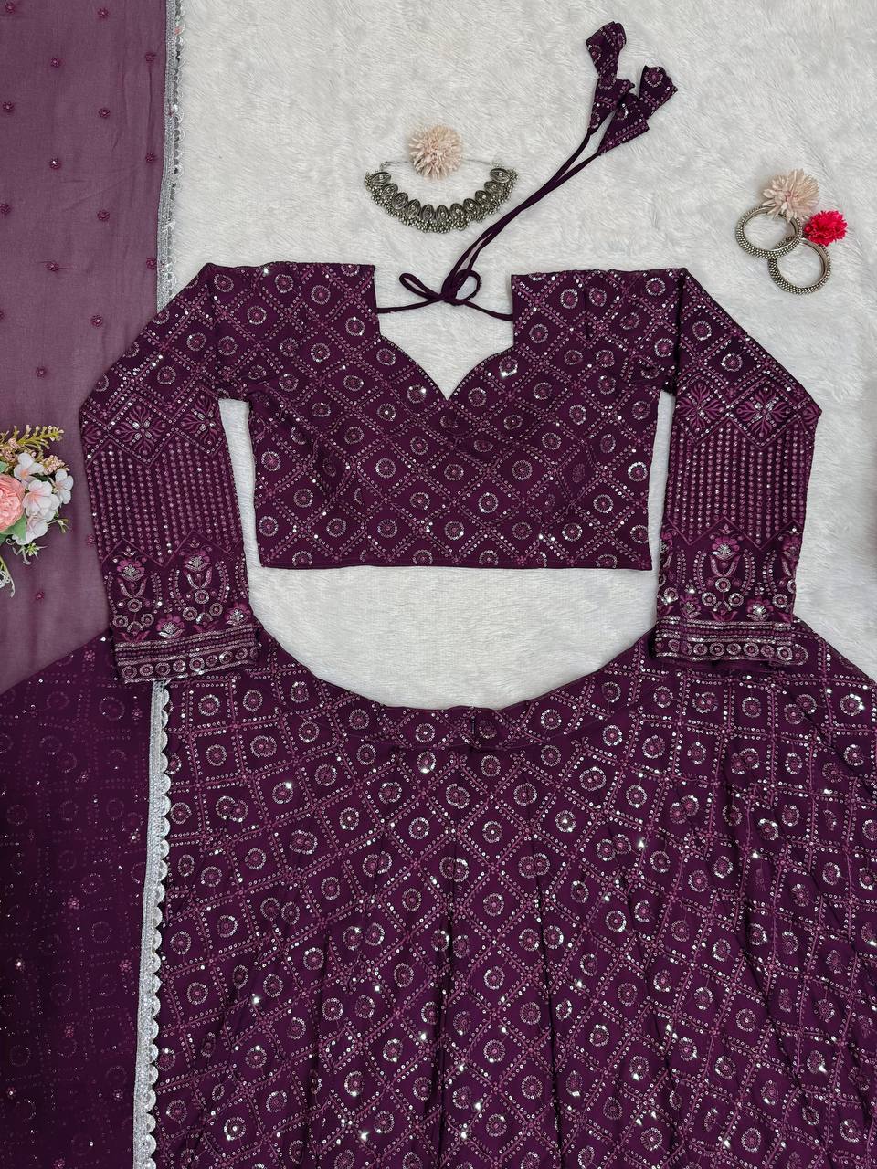 Wine Faux Georgette Semi-Stitched Lehenga Set with Thread & Sequin Work ClothsVilla