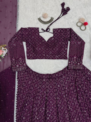 Wine Faux Georgette Semi-Stitched Lehenga Set with Thread & Sequin Work ClothsVilla