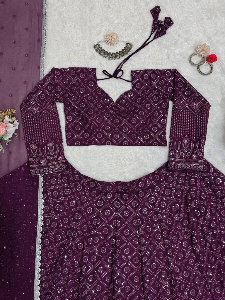 Wine Faux Georgette Semi-Stitched Lehenga Set with Thread & Sequin Work ClothsVilla