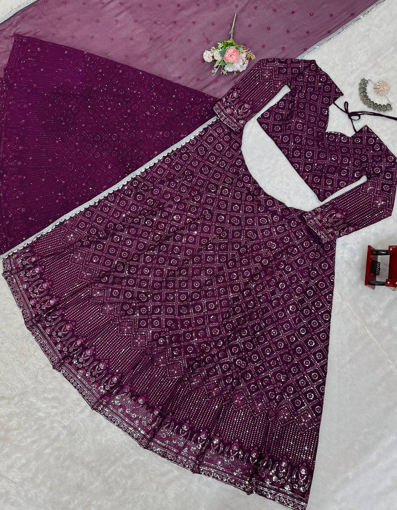 Wine Faux Georgette Semi-Stitched Lehenga Set with Thread & Sequin Work ClothsVilla