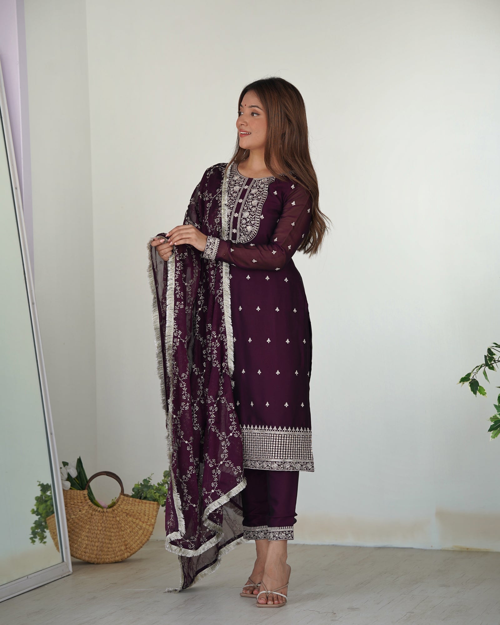Wine Festival Special Pure Blooming Rangoli Silk Kurta Set with Dupatta – Elegant Embroidery & Lace Work