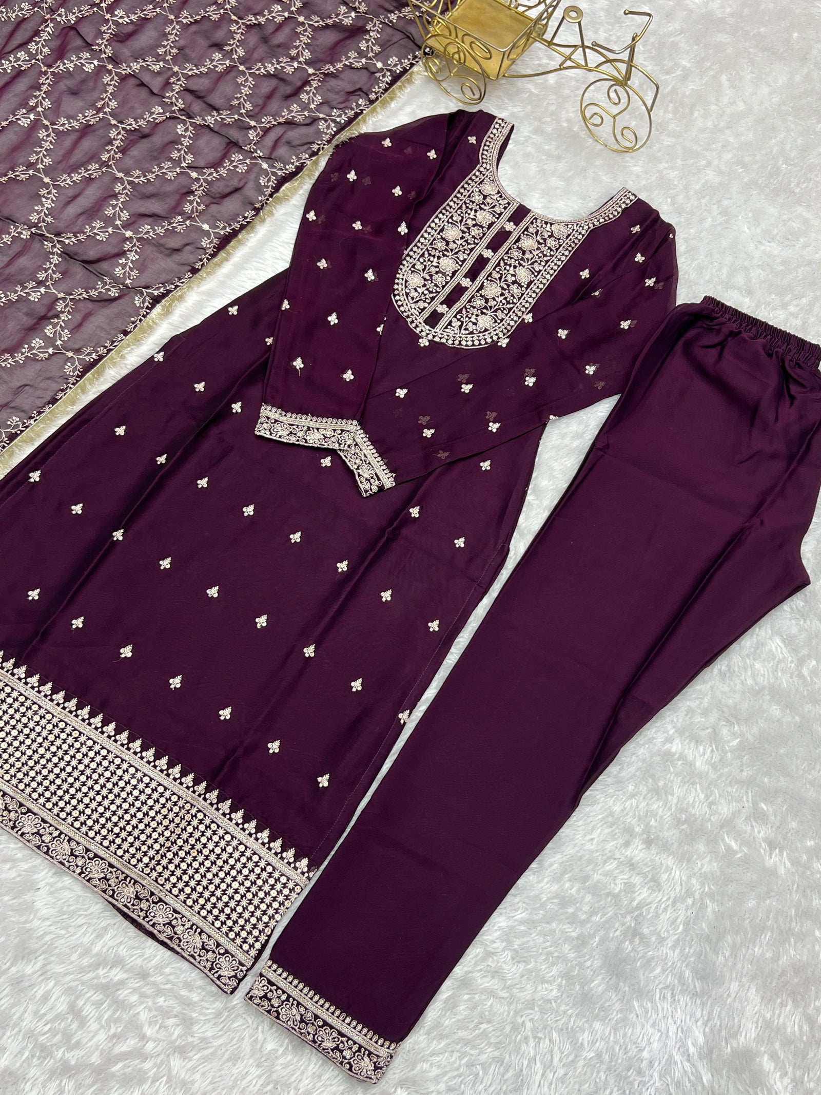 Wine Festival Special Pure Blooming Rangoli Silk Kurta Set with Dupatta – Elegant Embroidery & Lace Work