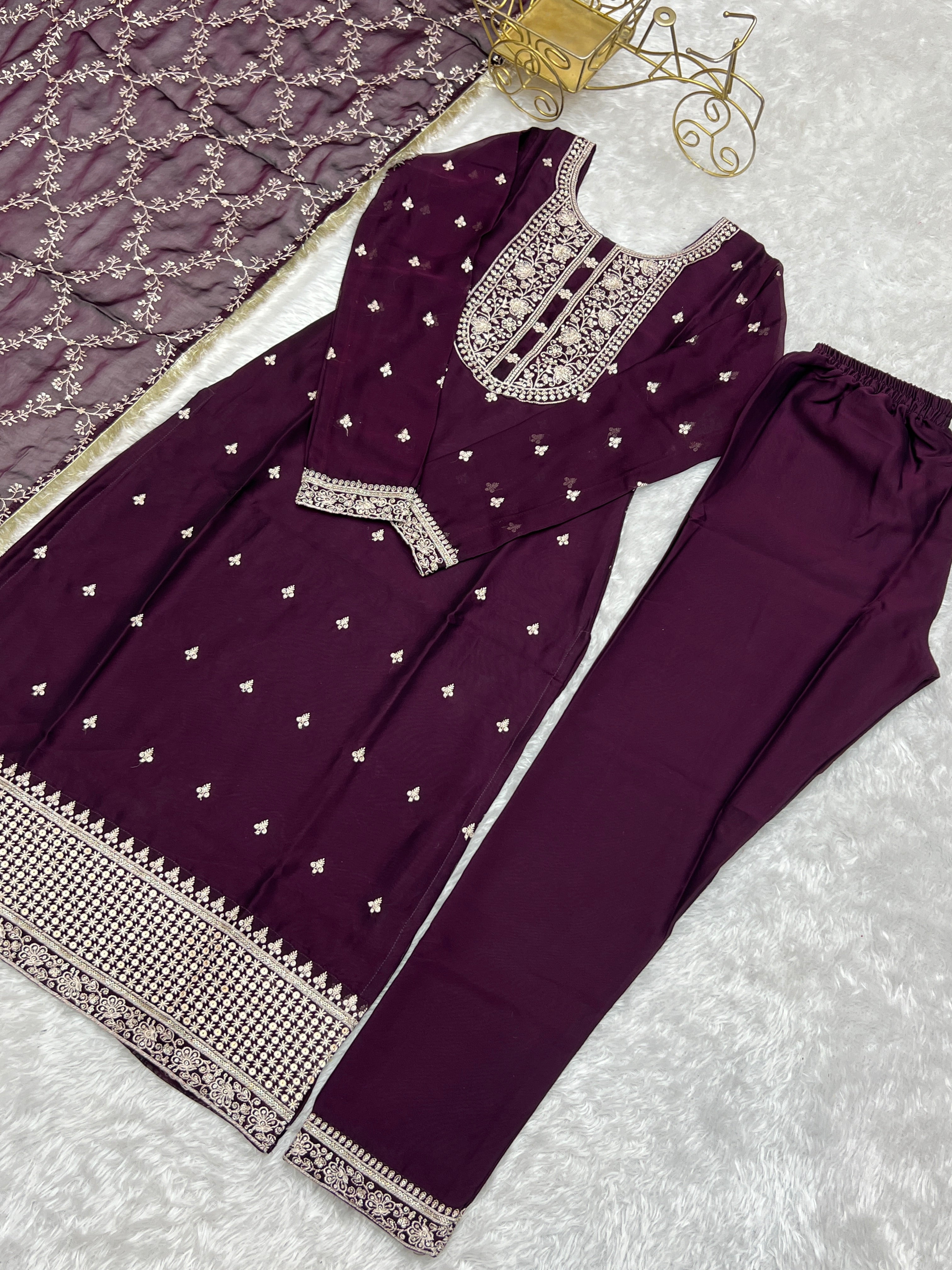 Wine Festival Special Pure Blooming Rangoli Silk Kurta Set with Dupatta – Elegant Embroidery & Lace Work