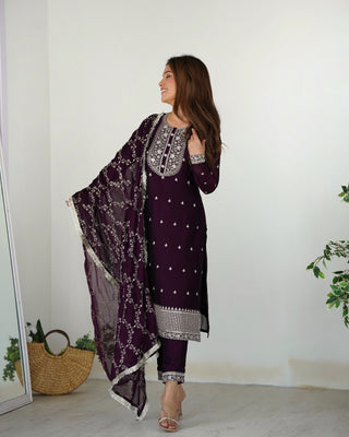 Wine Festival Special Pure Blooming Rangoli Silk Kurta Set with Dupatta – Elegant Embroidery & Lace Work