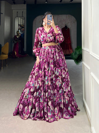 Wine Floral Elegance Georgette Chex Co-ord Set – Effortless Grace & Style