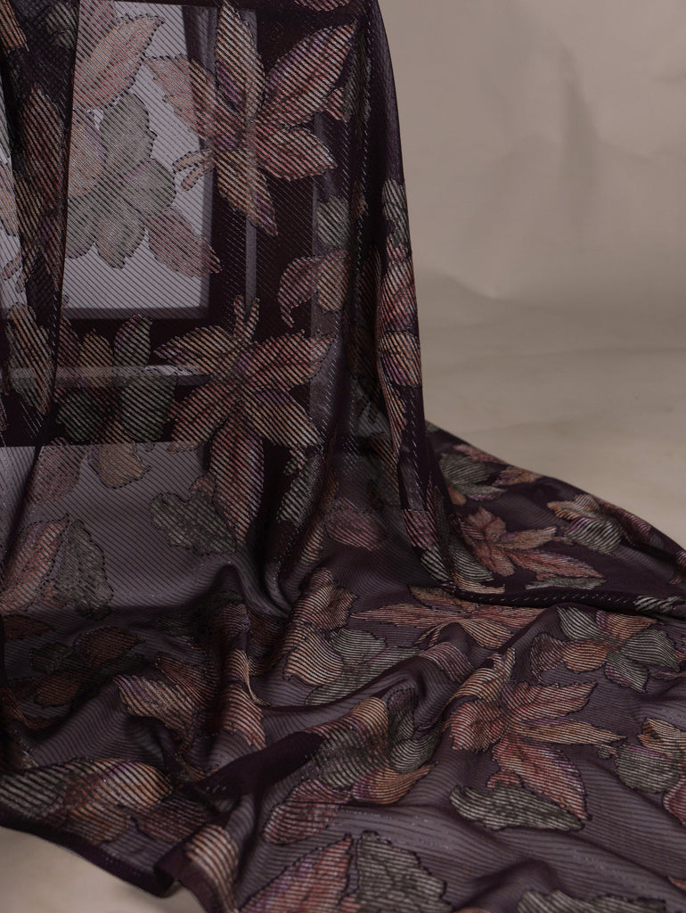 Wine Floral Lurex Brasso Saree with Unstitched Blouse – Elegant Viscose Brasso Work ClothsVilla