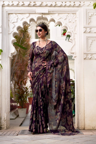 Wine Floral Lurex Brasso Saree with Unstitched Blouse – Elegant Viscose Brasso Work ClothsVilla