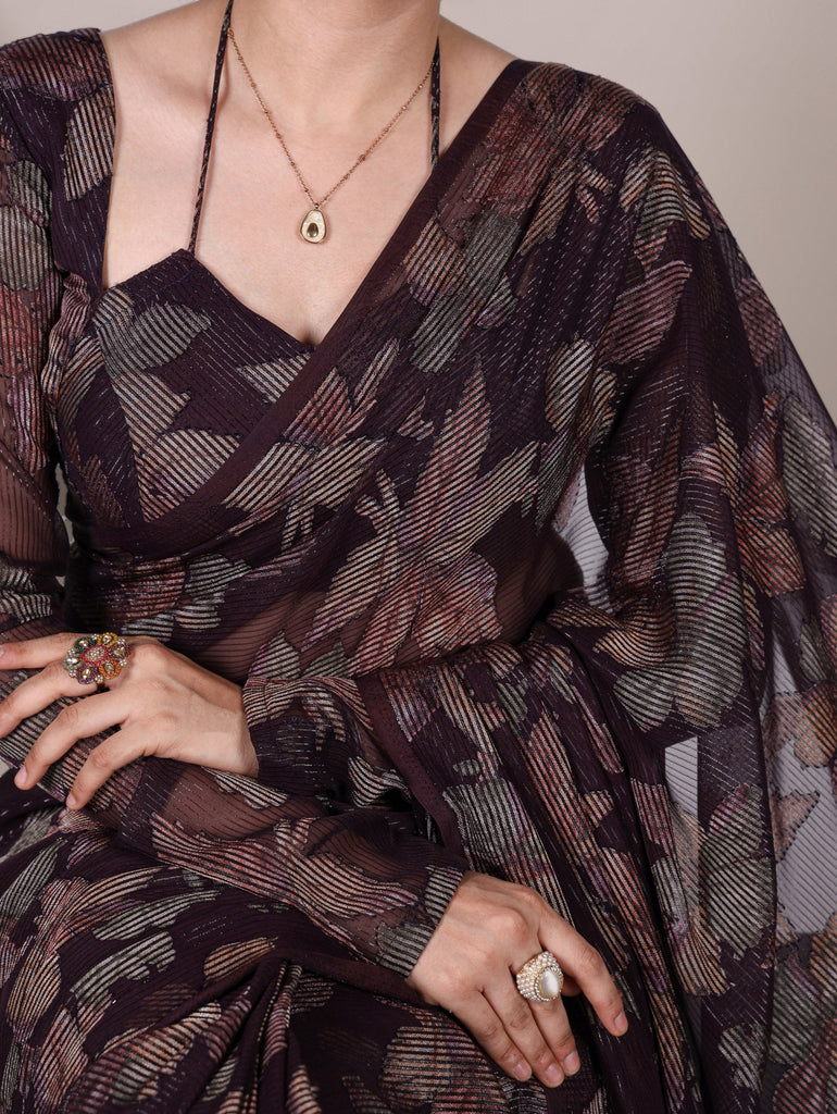 Wine Floral Lurex Brasso Saree with Unstitched Blouse – Elegant Viscose Brasso Work ClothsVilla