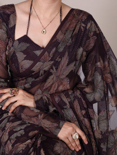 Wine Floral Lurex Brasso Saree with Unstitched Blouse – Elegant Viscose Brasso Work ClothsVilla