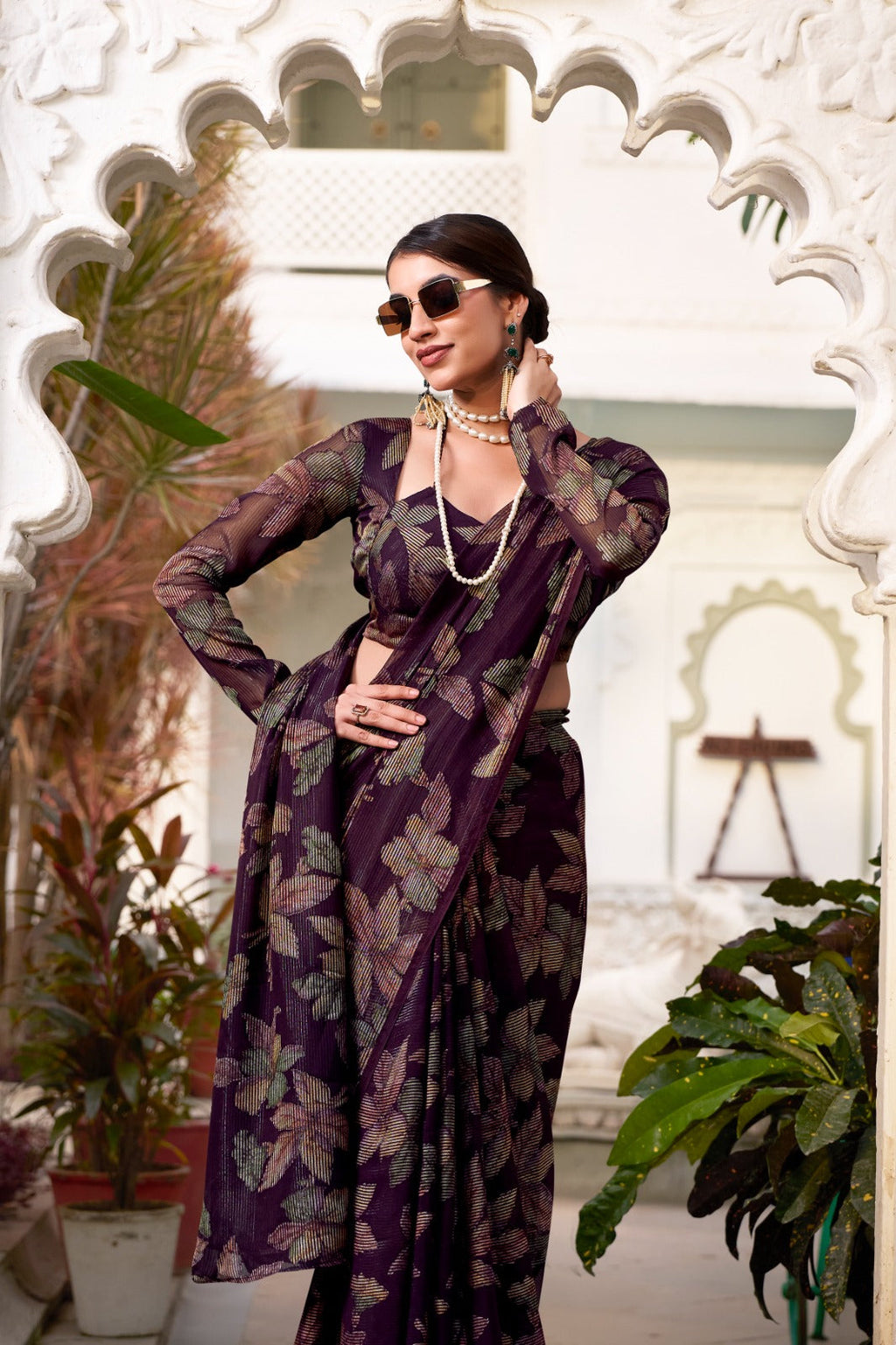 Wine Floral Lurex Brasso Saree with Unstitched Blouse – Elegant Viscose Brasso Work ClothsVilla