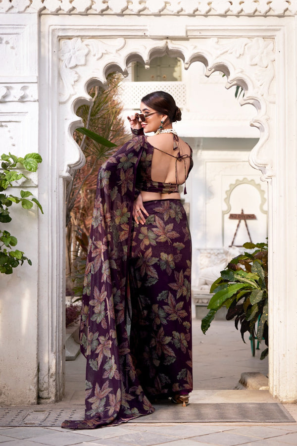 Wine Floral Lurex Brasso Saree with Unstitched Blouse – Elegant Viscose Brasso Work ClothsVilla