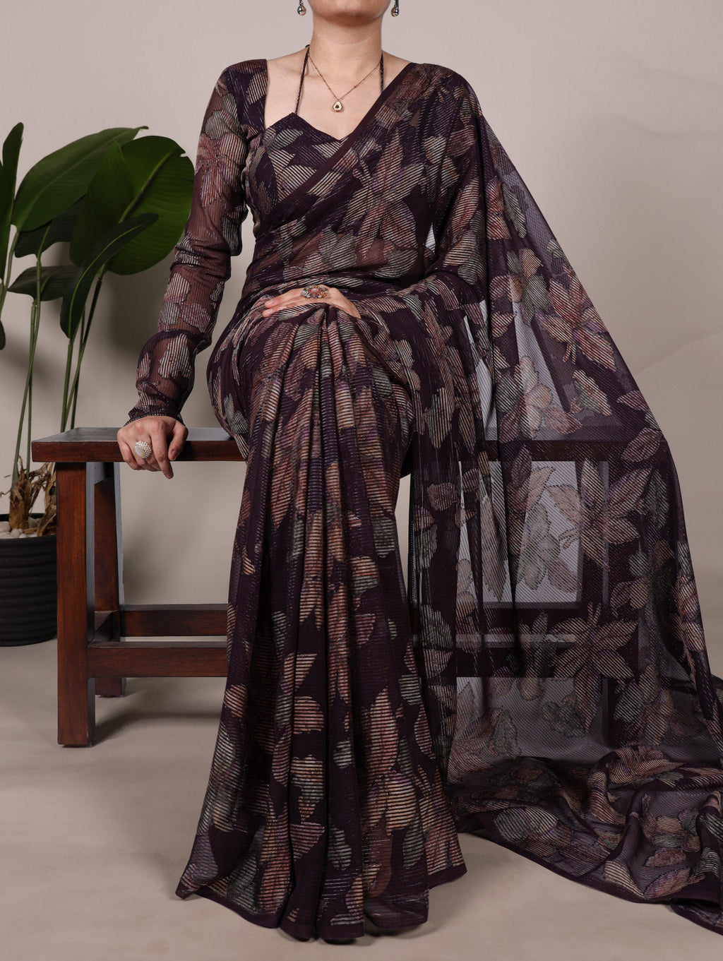 Wine Floral Lurex Brasso Saree with Unstitched Blouse – Elegant Viscose Brasso Work ClothsVilla