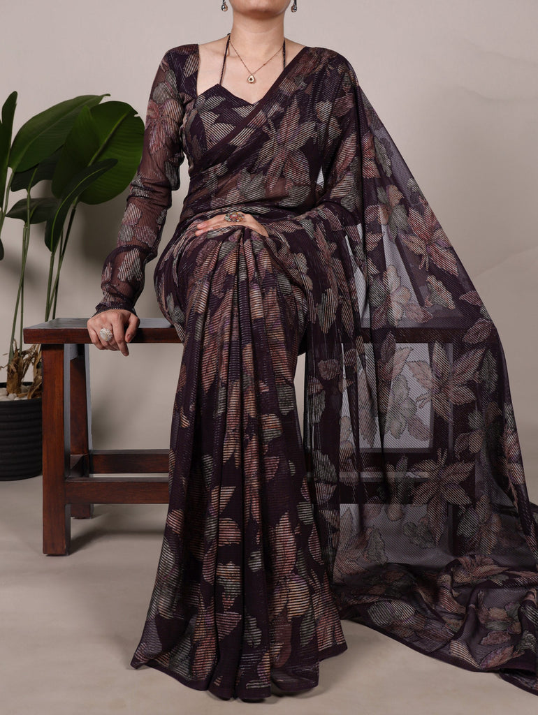 Wine Floral Lurex Brasso Saree with Unstitched Blouse – Elegant Viscose Brasso Work ClothsVilla