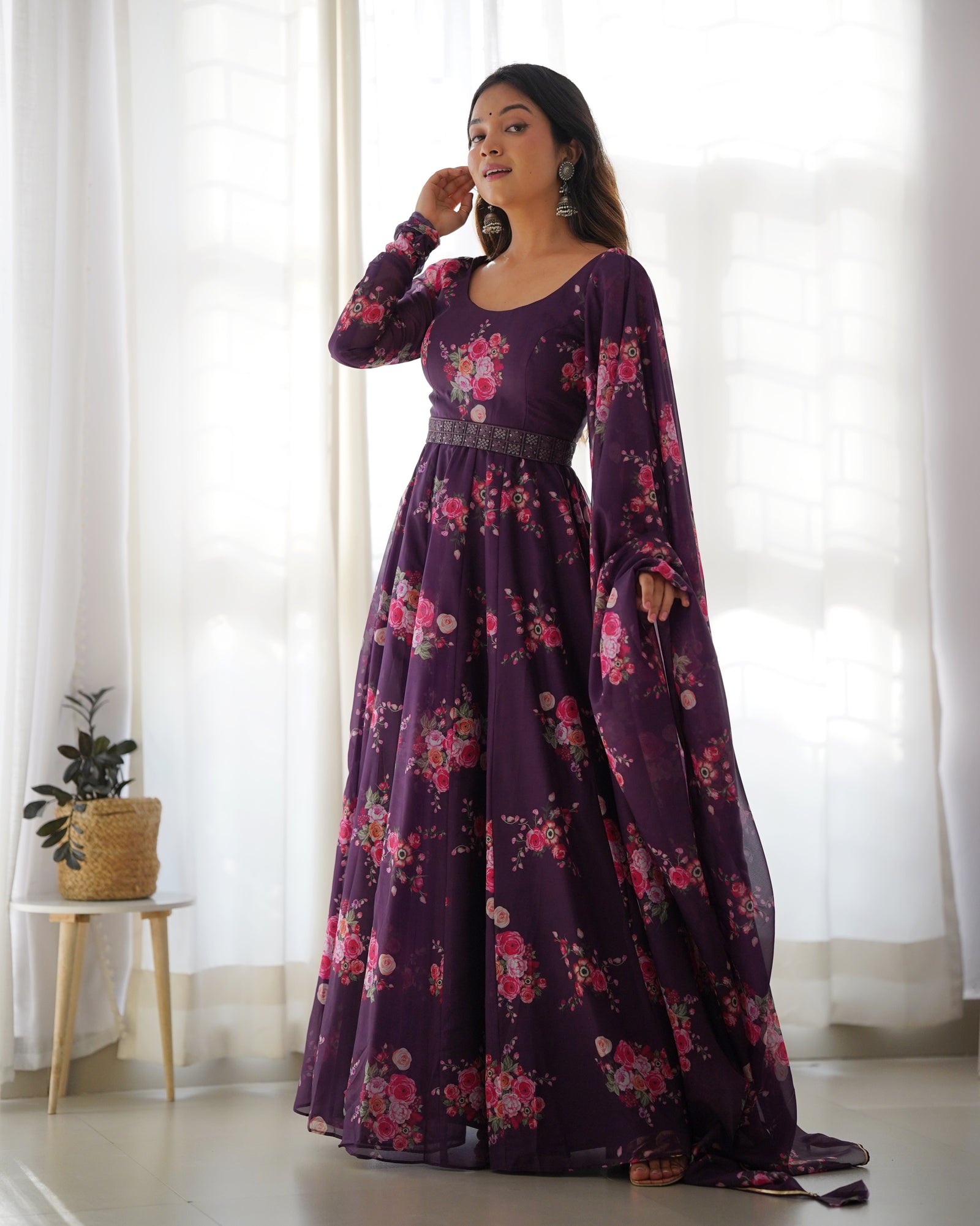 Wine Floral Organza Anarkali Gown Set – Perfect for Weddings & Festivities