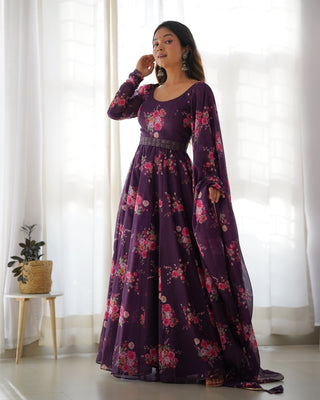 Wine Floral Organza Anarkali Gown Set – Perfect for Weddings & Festivities