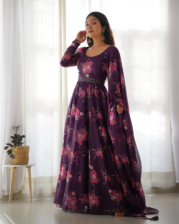 Wine Floral Organza Anarkali Gown Set – Perfect for Weddings & Festivities