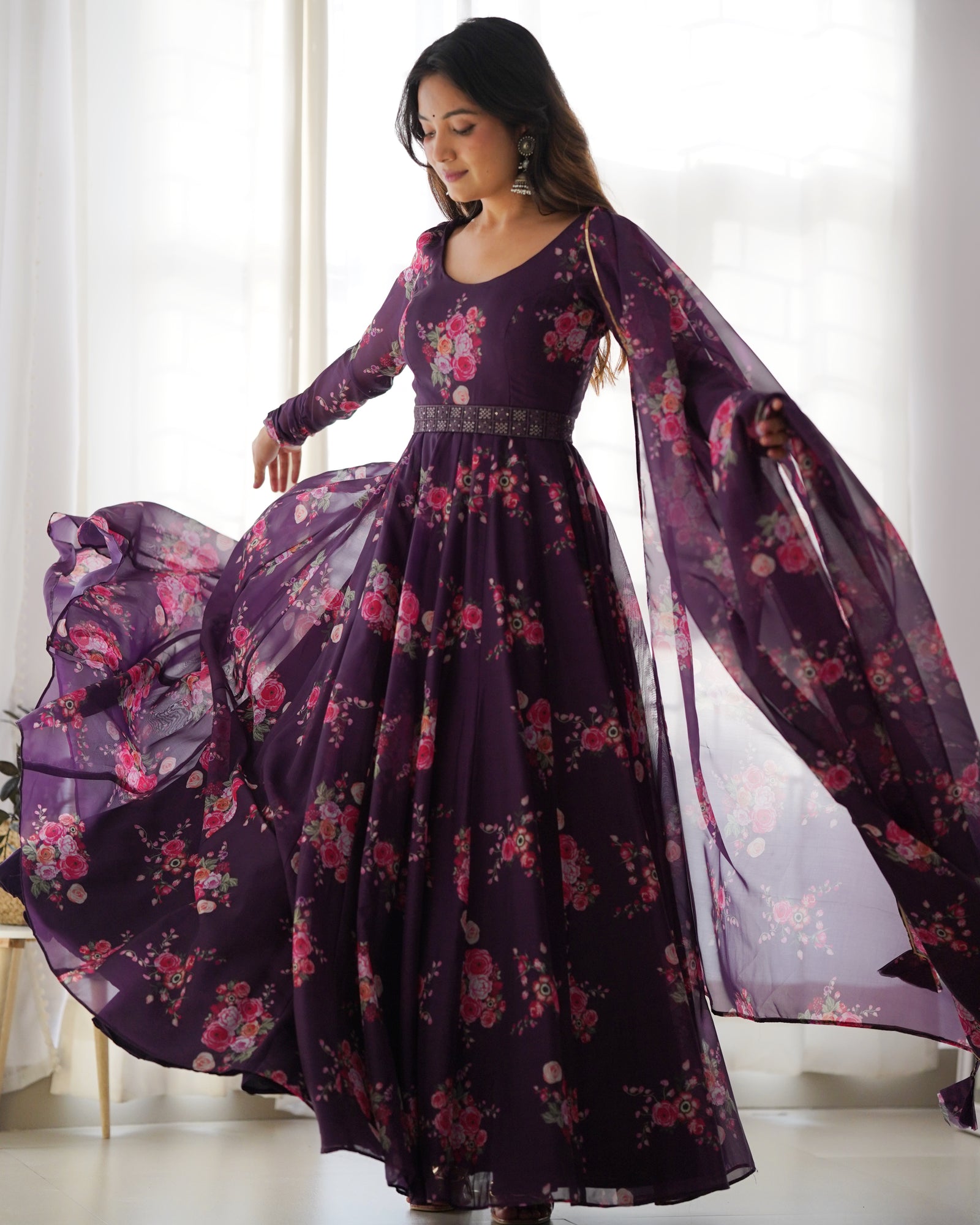 Wine Floral Organza Anarkali Gown Set – Perfect for Weddings & Festivities