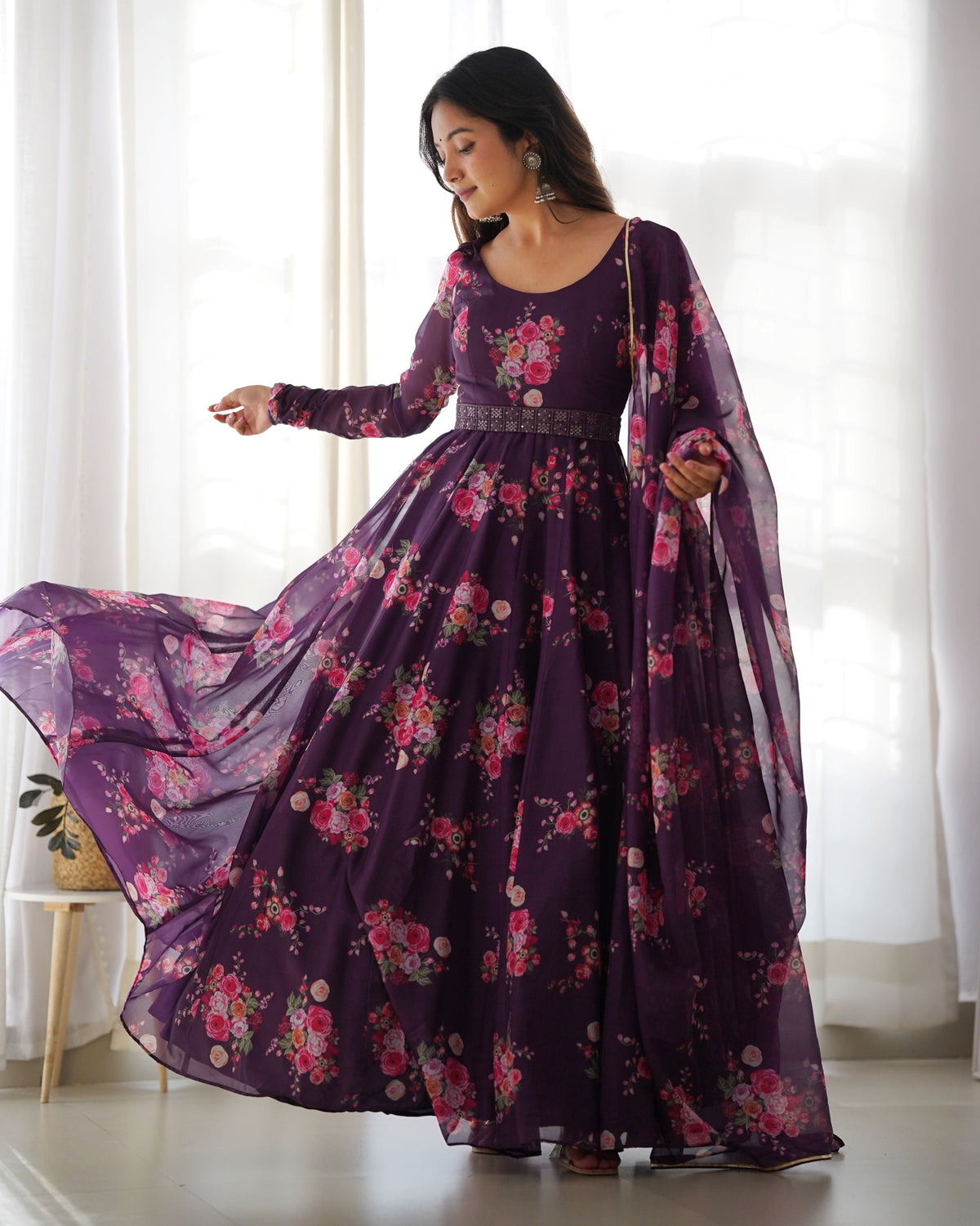 Wine Floral Organza Anarkali Gown Set – Perfect for Weddings & Festivities Main image