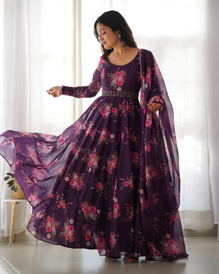 Wine Floral Organza Anarkali Gown Set – Perfect for Weddings & Festivities