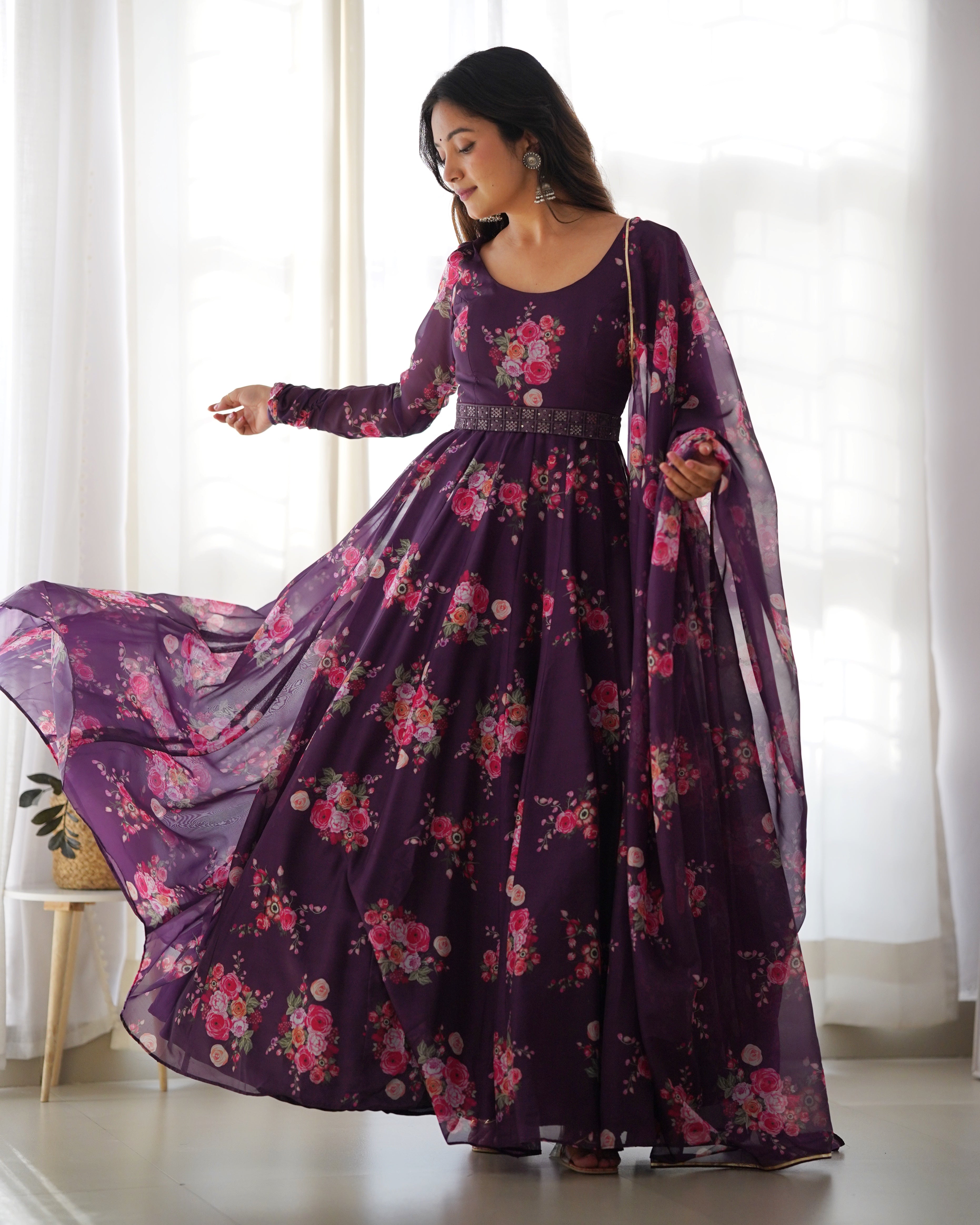 Wine Floral Organza Anarkali Gown Set – Perfect for Weddings & Festivities