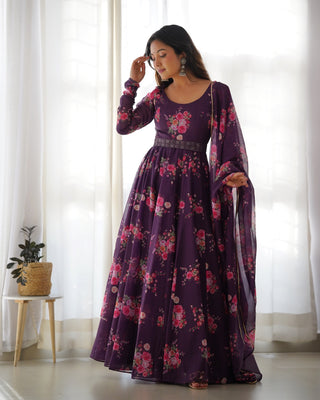 Wine Floral Organza Anarkali Gown Set – Perfect for Weddings & Festivities