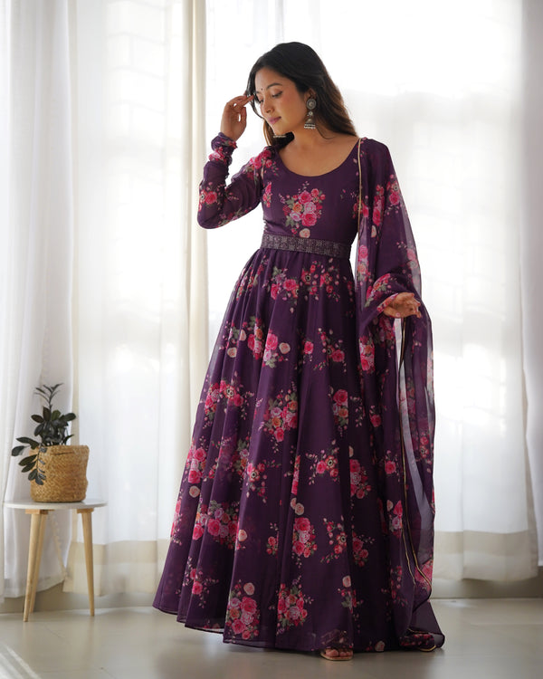 Wine Floral Organza Anarkali Gown Set – Perfect for Weddings & Festivities