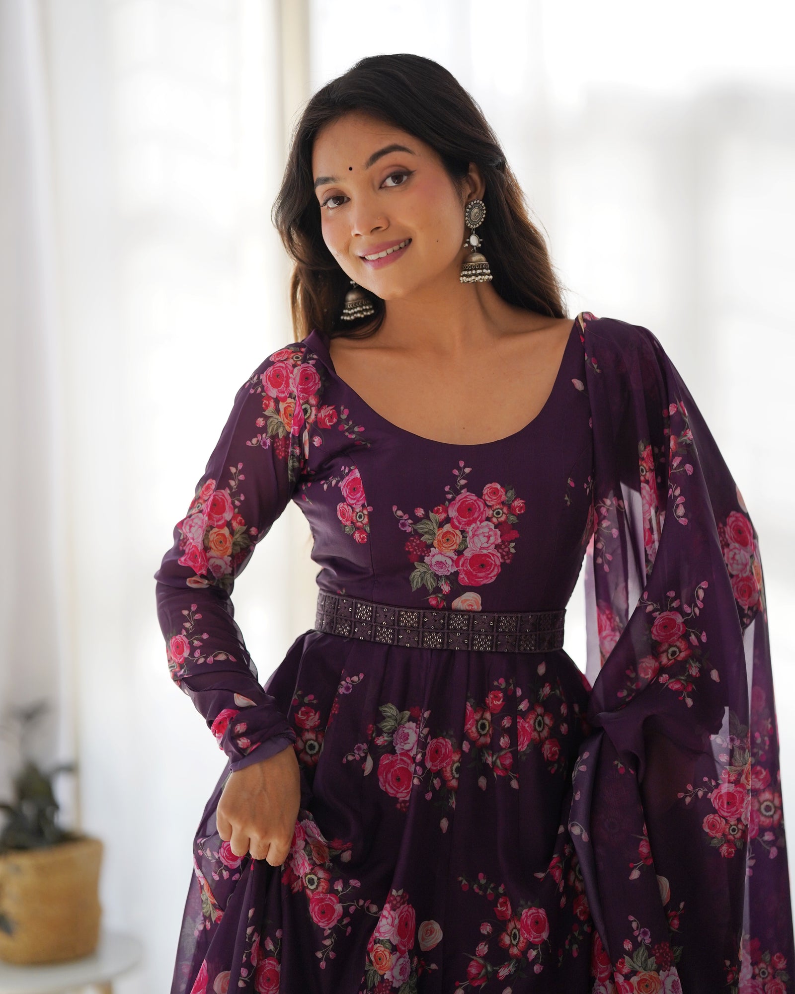 Wine Floral Organza Anarkali Gown Set – Perfect for Weddings & Festivities