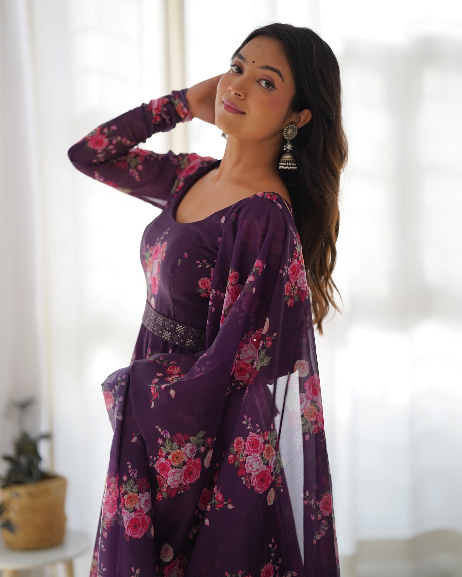 Wine Floral Organza Anarkali Gown Set – Perfect for Weddings & Festivities