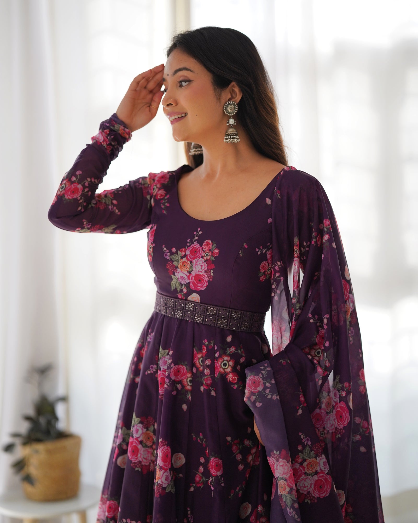 Wine Floral Organza Anarkali Gown Set – Perfect for Weddings & Festivities