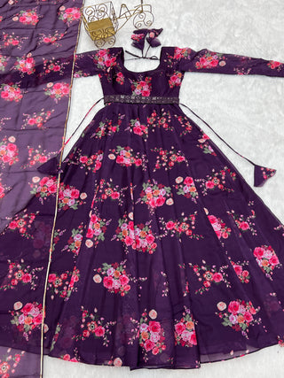 Wine Floral Organza Anarkali Gown Set – Perfect for Weddings & Festivities