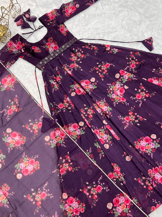 Wine Floral Organza Anarkali Gown Set – Perfect for Weddings & Festivities