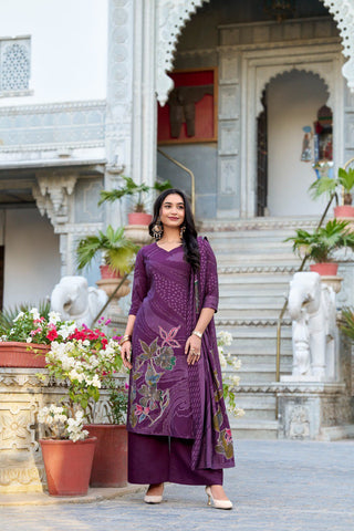 Wine Floral Roman Silk Salwar Suit – Beads & Blooms Handcrafted Perfection