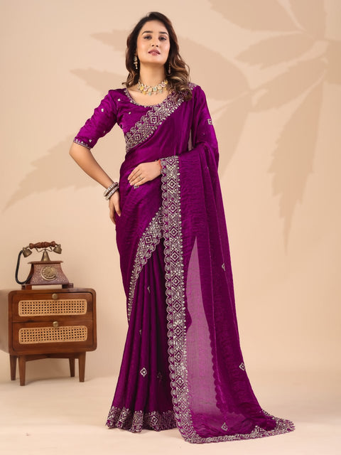 Wine Frendi Silk Saree with Sequin Work ClothsVilla Main image