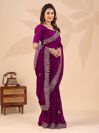 Wine Frendi Silk Saree with Sequin Work ClothsVilla
