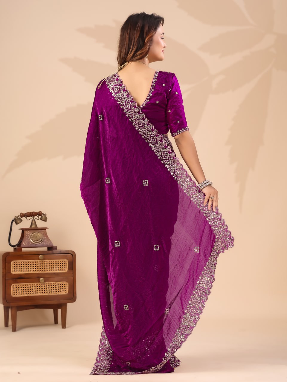 Wine Frendi Silk Saree with Sequin Work ClothsVilla